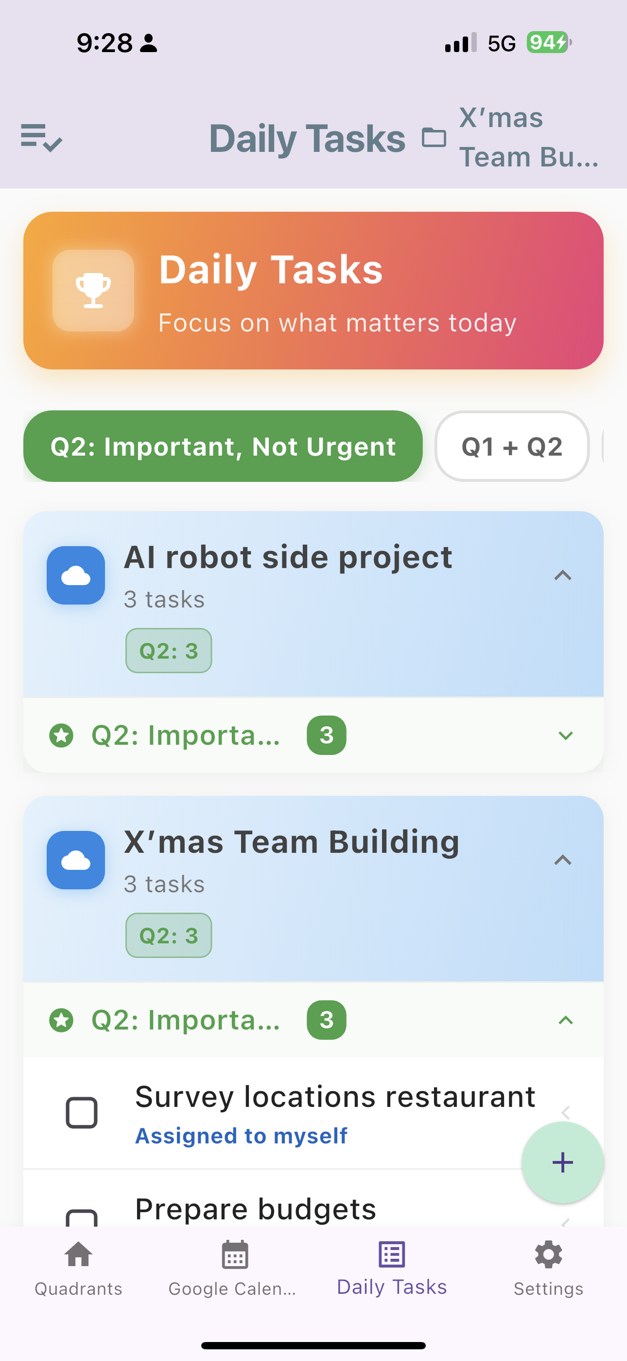 Daily Tasks view with prioritized task list